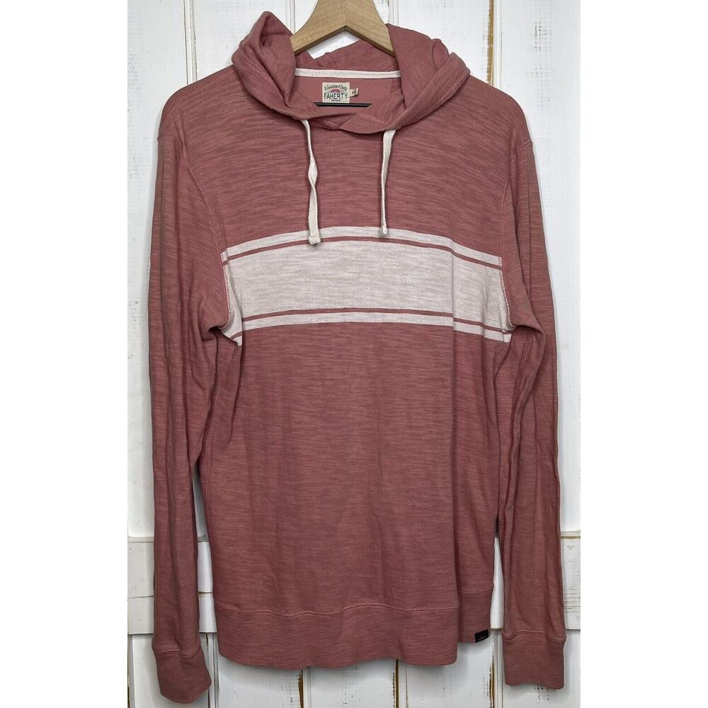 Faherty Hoodie Mens M Faded Red Stripe Sunwashed Slub Cotton Knit Long Sleeve